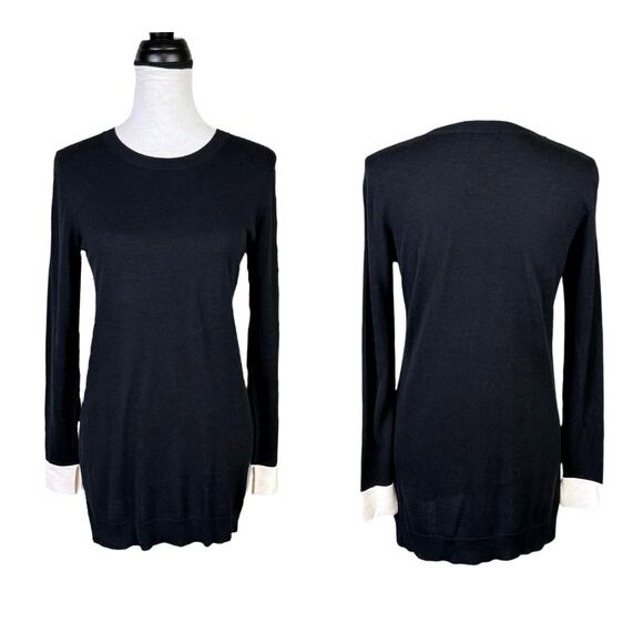 Worth New York P | Black Knit White Trim Long Sleeve Mini Tunic Sweater Dress - Picture 1 of 11